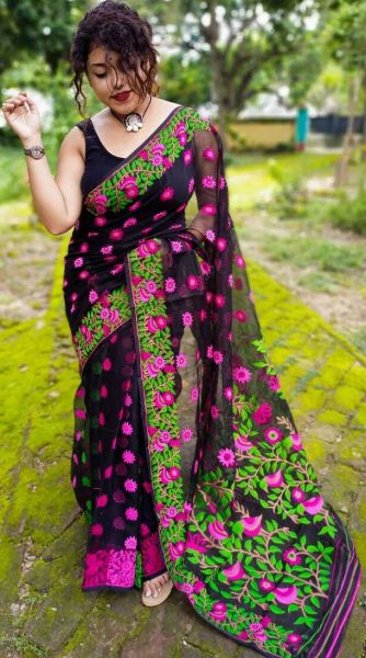 Black Dhakai Jamdhani Resham Cotton Saree From Bengal