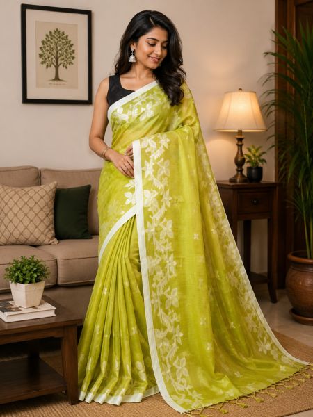 Lime Green Pure handloom Tissue Cotton Saree From Bengal