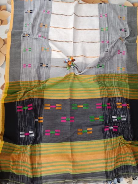 Black Grey White Box Cotton Saree From Bengal