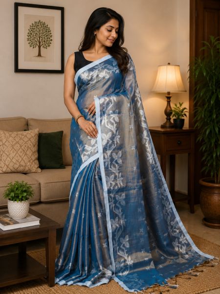 Sky Blue Pure handloom Tissue Cotton Saree From Bengal