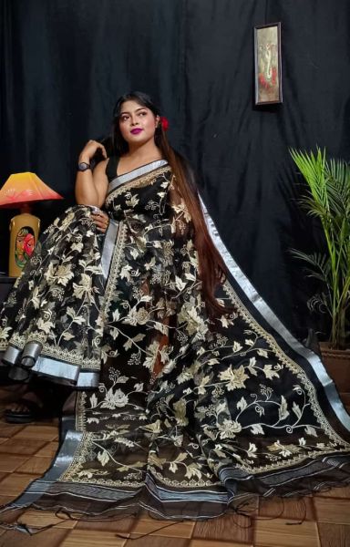 Black Leaf Embroidery Resham Saree From Bengal