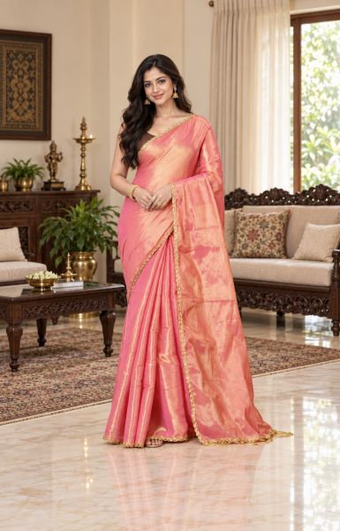 Peach Pure Handloom Tissue Saree From Bengal