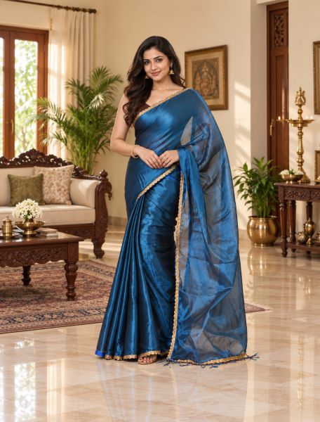 Peacock Blue Pure Handloom Tissue Saree From Bengal