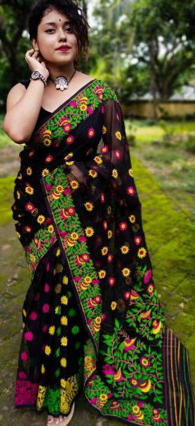 Black Dhakai Jamdhani Resham Cotton Saree From Bengal