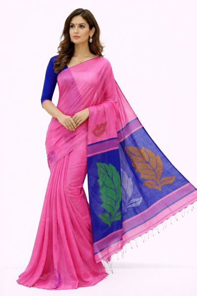 Pink Elegant Handloom Silk Cotton Saree with Blue Leaf Motif & Blouse