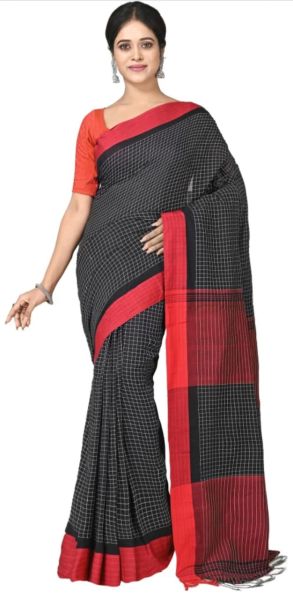 Black Pure Handloom Cotton Checks Design Saree