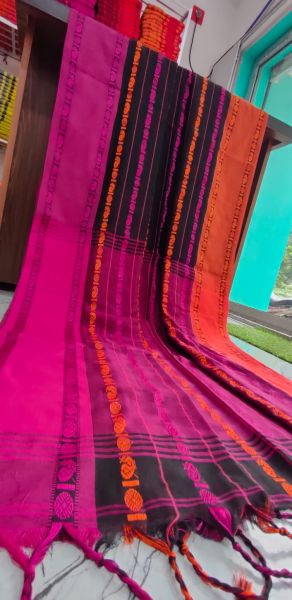 Black Pink Pure Cotton Printed Saree From Bengal