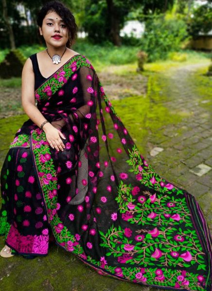Black Dhakai Jamdhani Resham Cotton Saree From Bengal