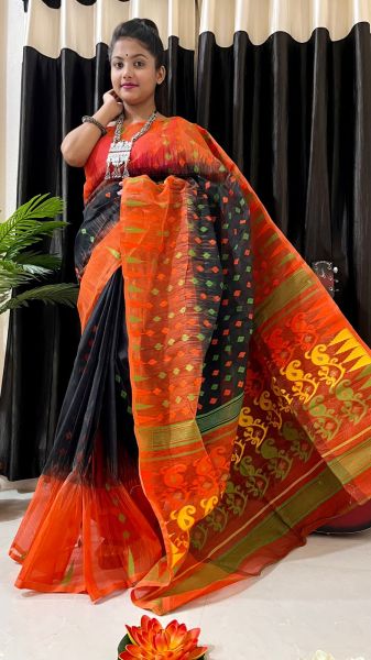 Almost Black Pure Handloom Klka Ikat Jamdani Mango Design Saree