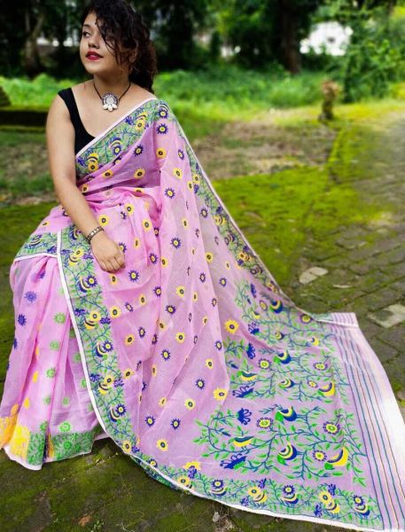 Baby Pink Dhakai Jamdhani Resham Cotton Saree From Bengal