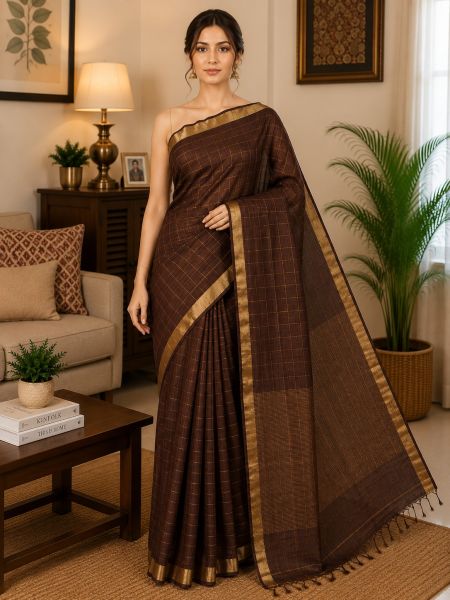 Chocolate Brown Premium Tussar Silk Handloom Saree From Bhagalpur
