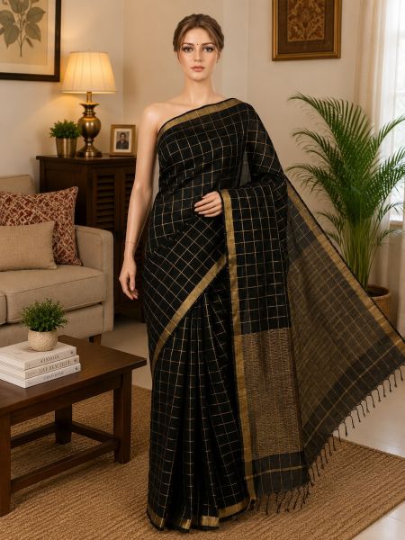 Black Elegant Bhagalpur Tussar Silk Pure Handloom Saree