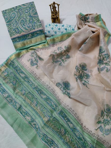 Cream Green Hand Block Printed Maheswari Silk Kurti Dupatta And Cotton Pant