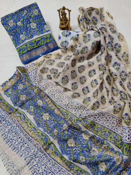 Cream Blue Hand Block Printed Maheswari Silk Kurti Dupatta And Cotton Pant