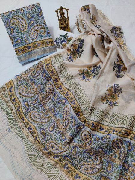 Cream Sea Blue Hand Block Printed Maheswari Silk Kurti Dupatta And Cotton Pant