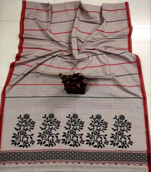 Ash Stripes Pure Handloom Cotton Saree