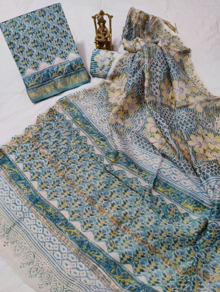 Multicolor Hand Block Printed Maheswari Silk Kurti Dupatta And Cotton Pant