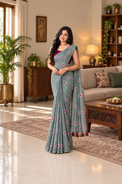 Grey Pure Handloom Mulmul Cotton Saree From Bengal