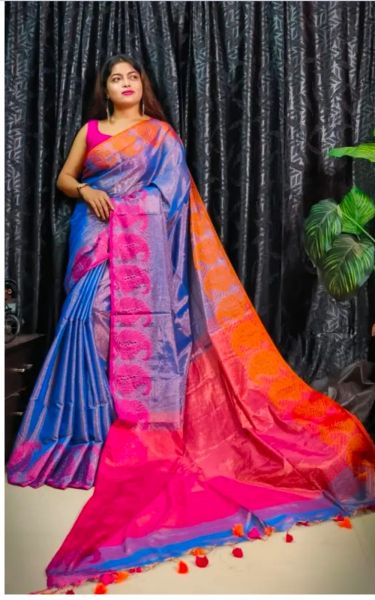 Navy Blue Pure Handloom Tissue Cotton Saree From Bengal