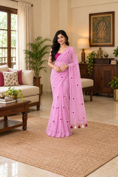 Pastel Pink Pure Handloom Mulmul Cotton Saree From Bengal