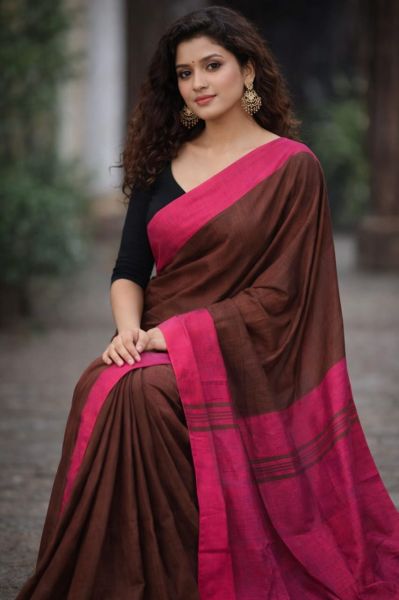 Maroon Pink Pure Handloom Cotton Saree From Bengal