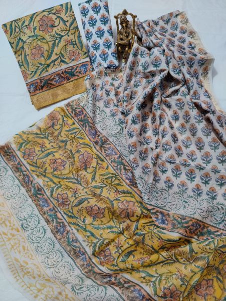 Yellow White Hand Block Printed Maheswari Silk Kurti Dupatta And Cotton Pant