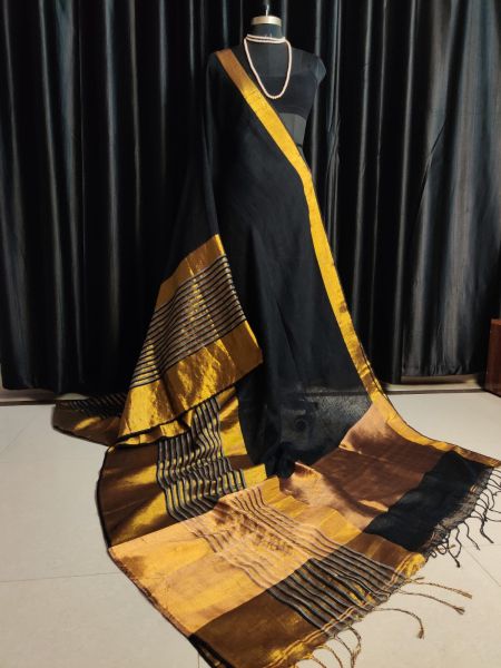 Black Pure Handloom Linen Cotton Saree From Bengal