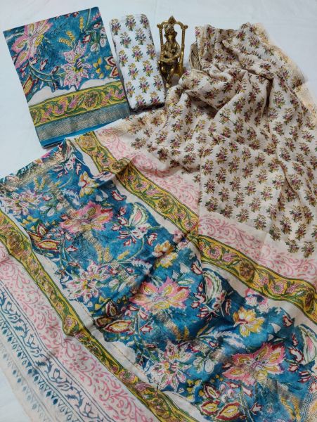White Blue Hand Block Printed Maheswari Silk Kurti Dupatta And Cotton Pant