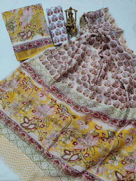 White Yellow Hand Block Printed Maheswari Silk Kurti Dupatta And Cotton Pant