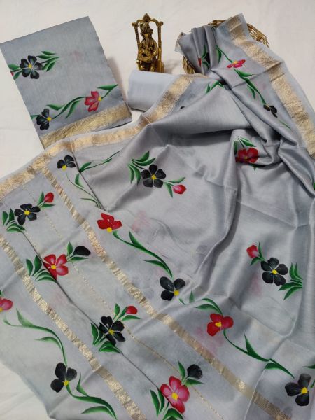 Grey Hand Block Printed Maheswari Silk Kurti Dupatta And Cotton Pant