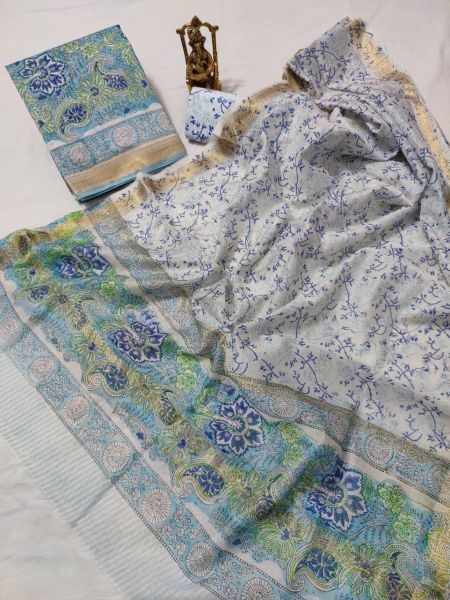 Sky Blue White Hand Block Printed Maheswari Silk Kurti Dupatta And Cotton Pant