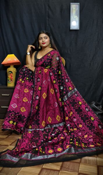 Black Pink Butta Design Pure Handloom Dhakai Jamdani Saree
