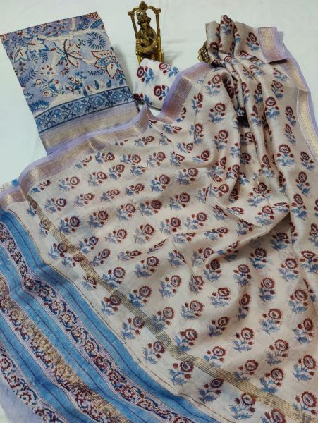 Cream Sky Blue Hand Block Printed Maheswari Silk Kurti Dupatta And Cotton Pant