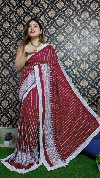Maroon Stripes Design Pure Handloom Rayon Saree