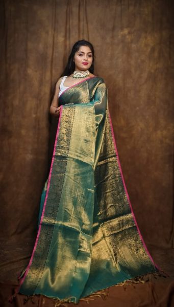 Green Tissue Handloom Cotton Saree From Bengal