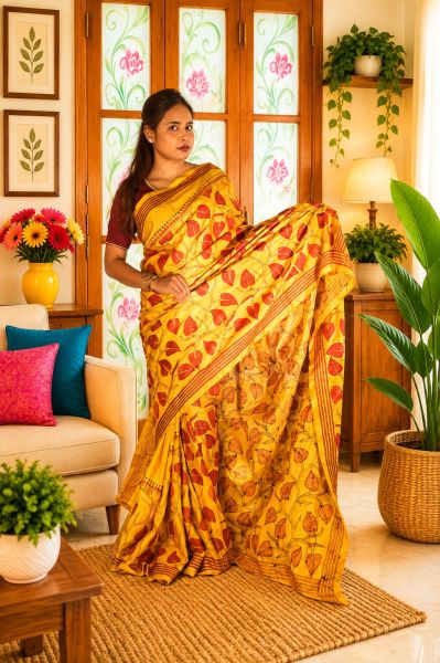 Yellow Pure Semi Silk Kanthastitch Saree From Bengal