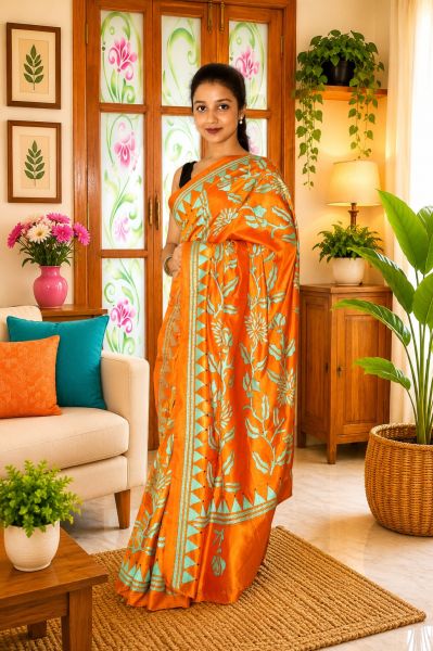 Orange Pure Semi Silk Kanthastitch Saree From Bengal
