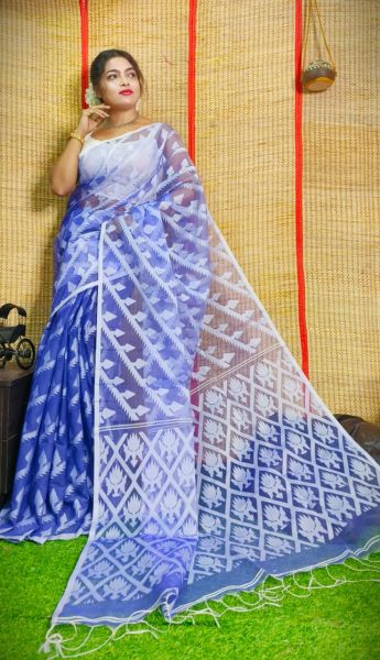 Blue Flower Design Pure Handloom Resham Cotton Saree