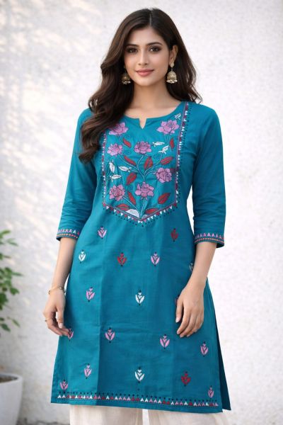 Sea Blue Pure Handloom Kantha Kurti From Bengal