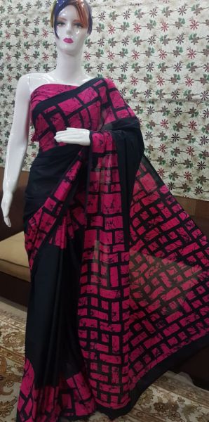 Black And Pink Bagru Block Print Cotton Mulmul Saree From Rajasthan