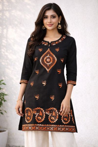 Black Pure Handloom Kantha Kurti From Bengal