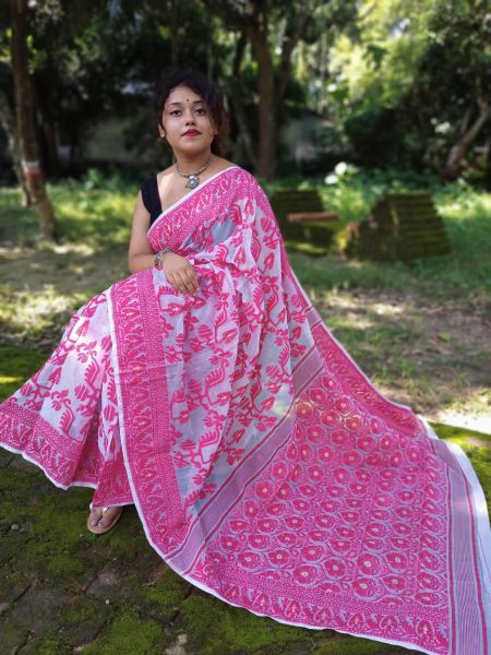 Pink Varanasi Dhakai Cotton Silk Jamdani Sree