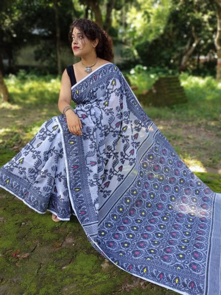 Gray White Yellow Varanasi Dhakai Cotton Silk Jamdani Sree