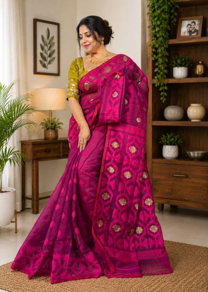 Dark Pink Pure Handloom Dhakai Jamdani Saree From Bengal