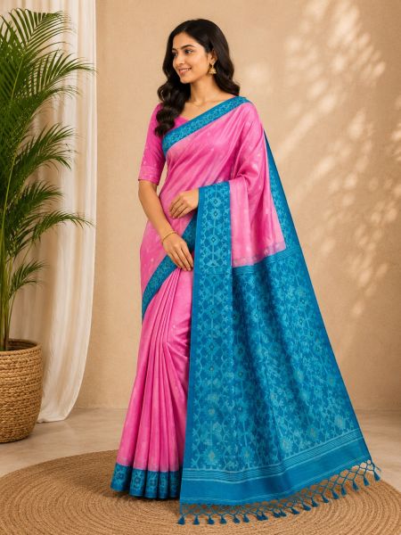Pink Tussar Silk Pure Handloom Saree From Bengal