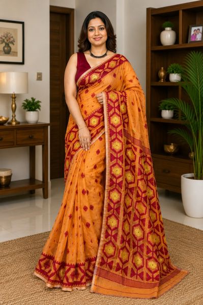 Mustard yellow Pure Handloom Dhakai Jamdani Saree From Bengal