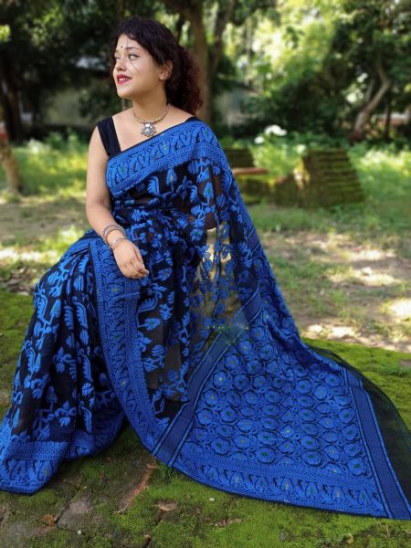 Blue Black Varanasi Dhakai Cotton Silk Jamdani Sree
