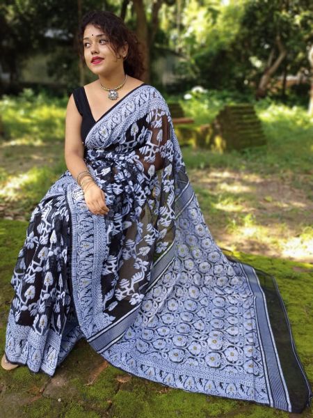 Gray Black Varanasi Dhakai Cotton Silk Jamdani Sree