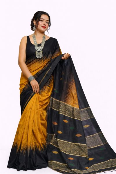 Mustard Yellow Ikkat Silk Cotton Pure Handloom Saree From Bengal