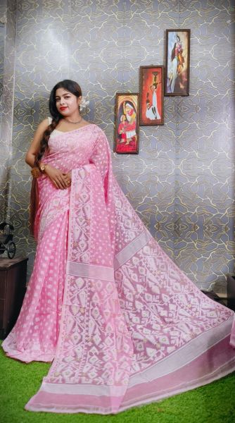 Baby Pink White Butta Pure Handloom Dhakai Jamdani Saree